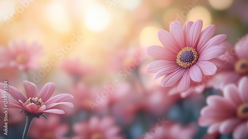 beautiful pink daisy flower background with dazzling light and bokeh, dreamy atmosphere