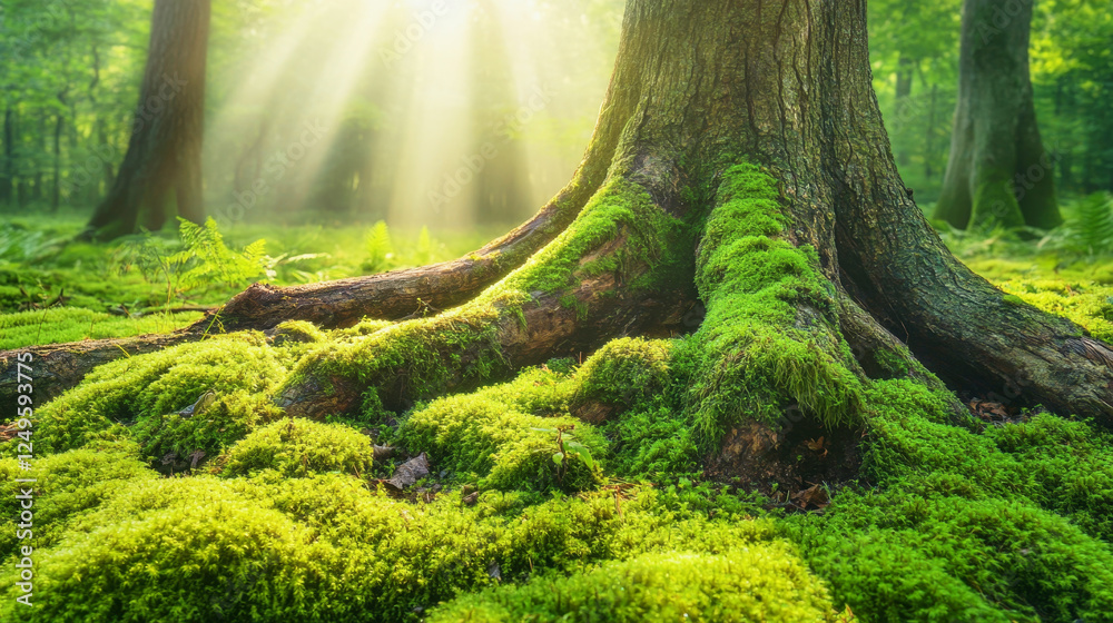 Obraz premium Bright green moss covers a fallen tree trunk in a serene forest setting with gentle sunlight