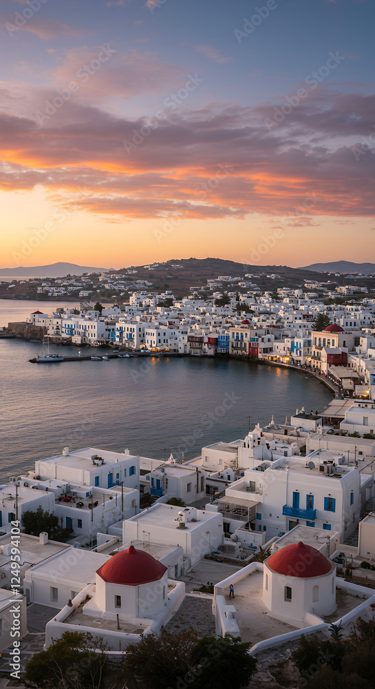 Fototapeta premium Mykonos Magic: Sunrise Over White Houses & Red Domes - A Greek Island Dreamscape! Explore Cycladic Charm & Aegean Beauty.