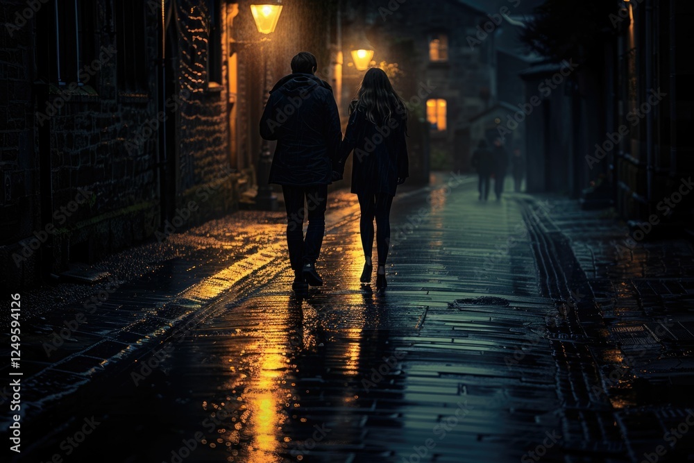 Silhouette of a couple holding hands walking down a rain-soaked, dimly lit cobblestone street at night. Silhouette of a couple holding hands walking down a rain-soaked, dimly lit cobblestone street at night.