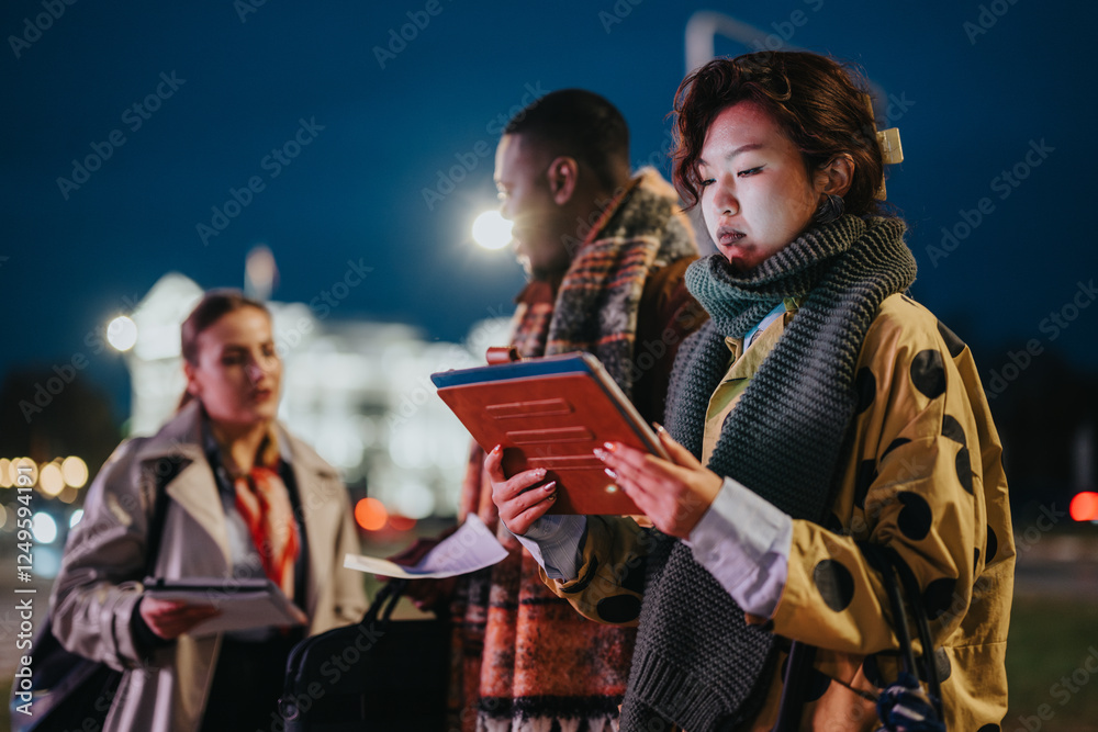 Fototapeta premium Business colleagues of diverse backgrounds discussing work while carrying devices, wearing warm coats, and standing outside during nighttime in an urban environment.