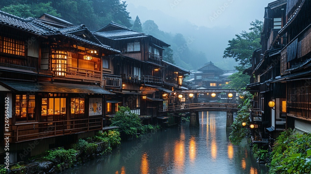 Fototapeta premium A serene riverside village illuminated at night, featuring traditional wooden architecture surrounded by lush greenery and misty mountains.