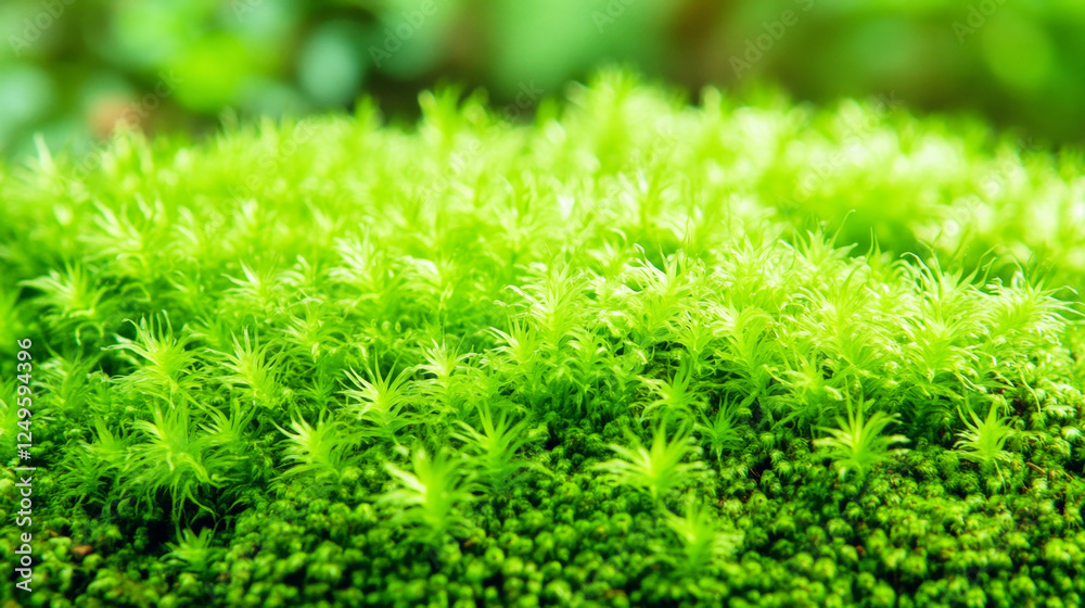 Close-up view of vibrant green moss with sunlit trees in the background on a serene forest floor Close-up view of vibrant green moss with sunlit trees in the background on a serene forest floor
