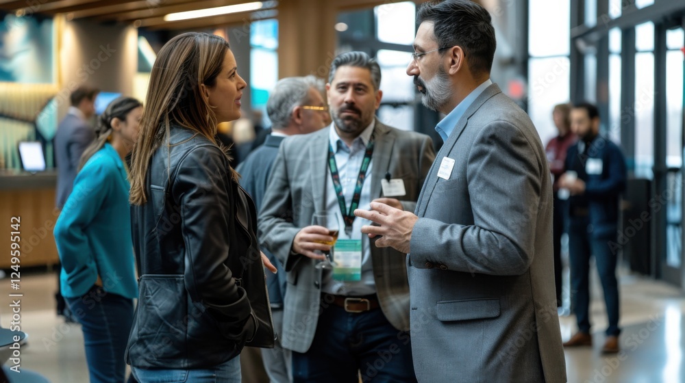 Business Professionals Networking at Corporate Event in Modern Space. Engaged in Conversations with Name Tags and Business Cards. Highlighting Networking Importance Business Professionals Networking at Corporate Event in Modern Space. Engaged in Conversations with Name Tags and Business Cards. Highlighting Networking Importance