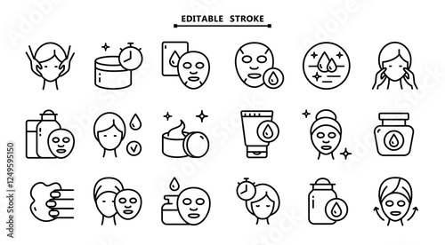 Skin care icons set vector illustration. Editable stroke. Face, beauty, health, woman, healthy, mask, cleansing concept. Aesthetic cosmetology color icons, vector pictogram of shiny skin, anti age ski