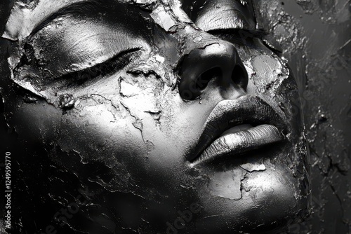 Silver painted female face with closed eyes in close up