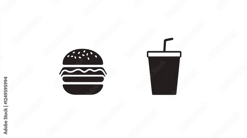 Simple black and white burger and soda icons Simple black and white burger and soda icons