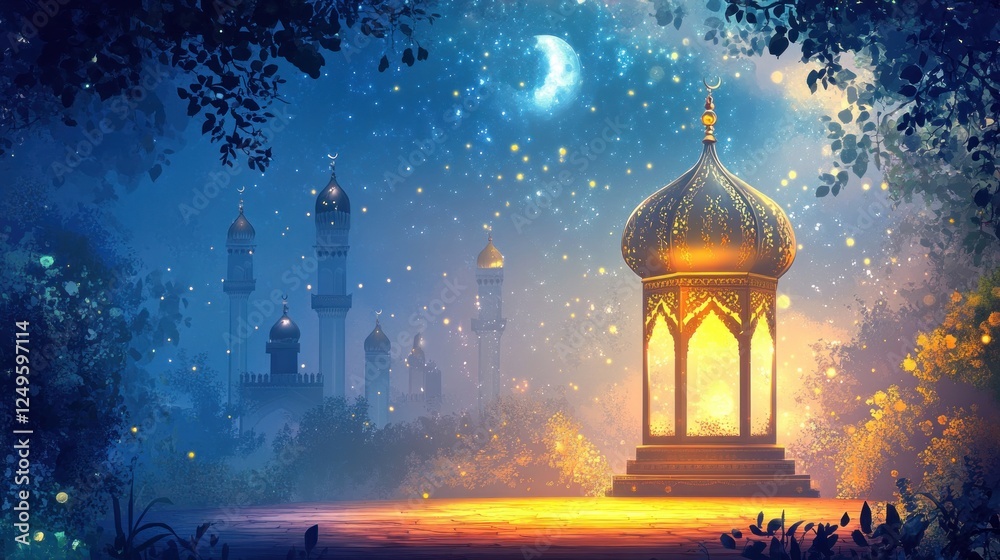 Fototapeta premium Lantern with a moon symbol on top and a small plate of dates set against a night sky and city bokeh lights for the Muslim feast of Ramadan Kareem