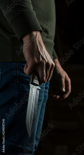 Intense: Man's Grip on a Knife - Danger, Suspense, and Intrigue. Explore the Shadows of Crime & Thrillers. photo