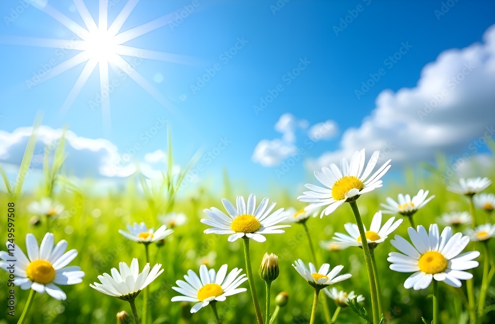 Field of daisies close up and sky with sun rays. Field of daisies close up and sky with sun rays.