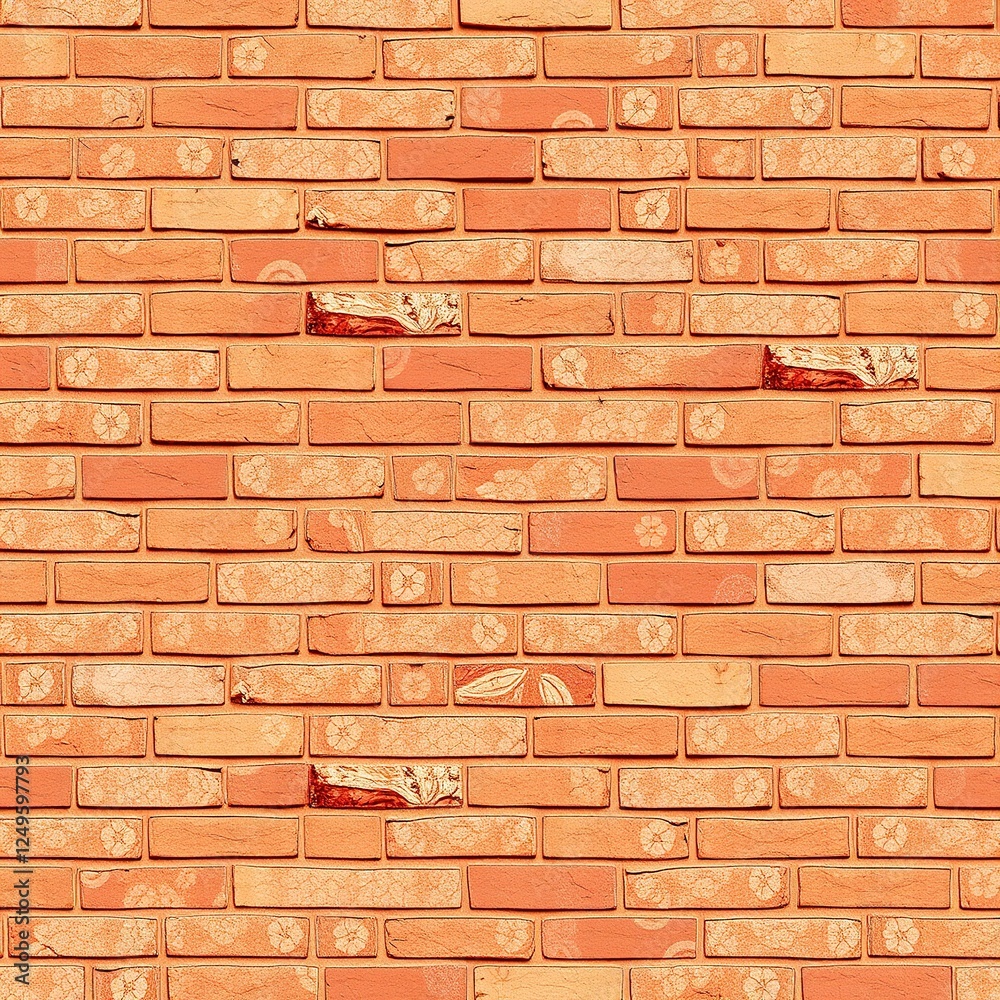 Obraz premium Rich Red Clay Brick Wall with Geometric Floral Embellishments