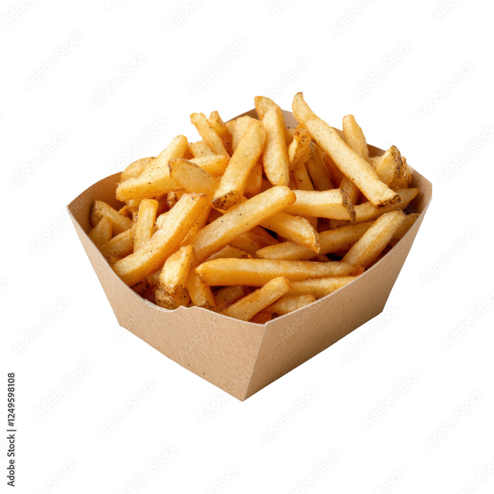 Golden, crispy French fries laid out on a simple paper tray, isolated on transparent background, png Golden, crispy French fries laid out on a simple paper tray, isolated on transparent background, png