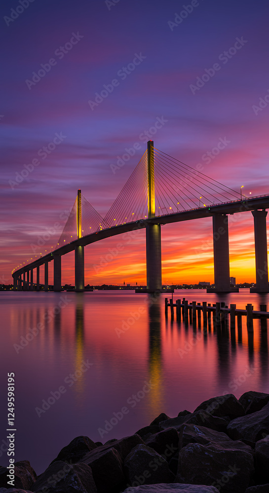 Fototapeta premium Bridge at Sunset: A Vibrant Skyline, Water Reflections, & Coastal Rocks