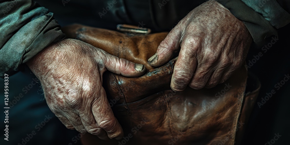 Aged hands gripping worn leather bag with visible wear