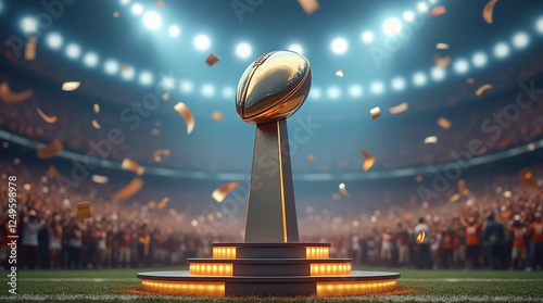Winning moment: American football trophy under stadium lighting