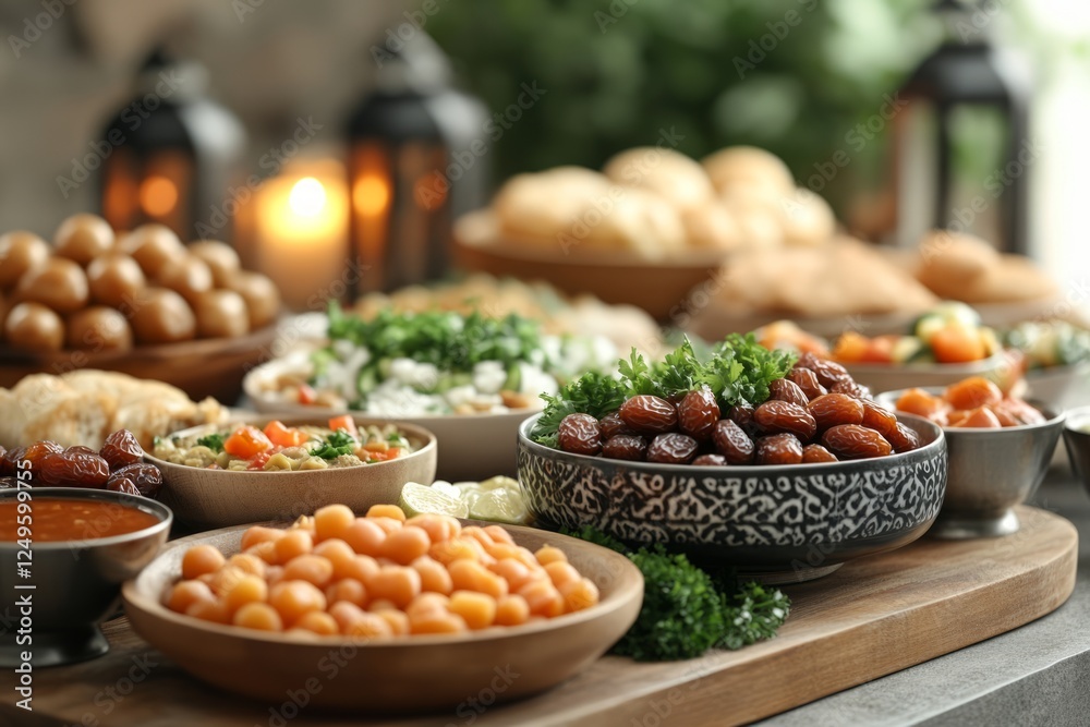Iftar table with neatly arranged dates, traditional cuisine, and glowing lanterns, capturing warmth of ramadan evening meal celebration
