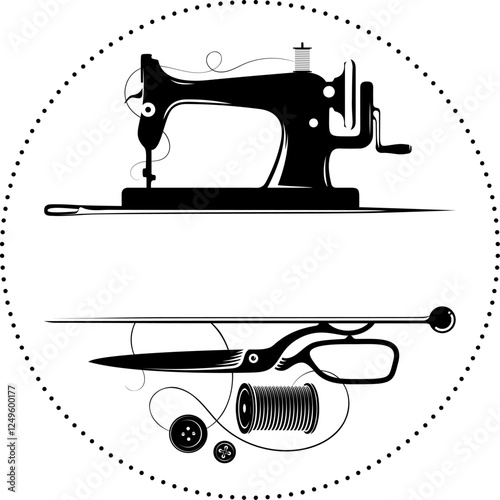 Sewing and cutting salon, sewing machine and needle with thread