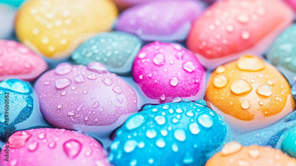 Smooth wet pebbles in vivid colors resting on a beach with gentle waves in the background Smooth wet pebbles in vivid colors resting on a beach with gentle waves in the background