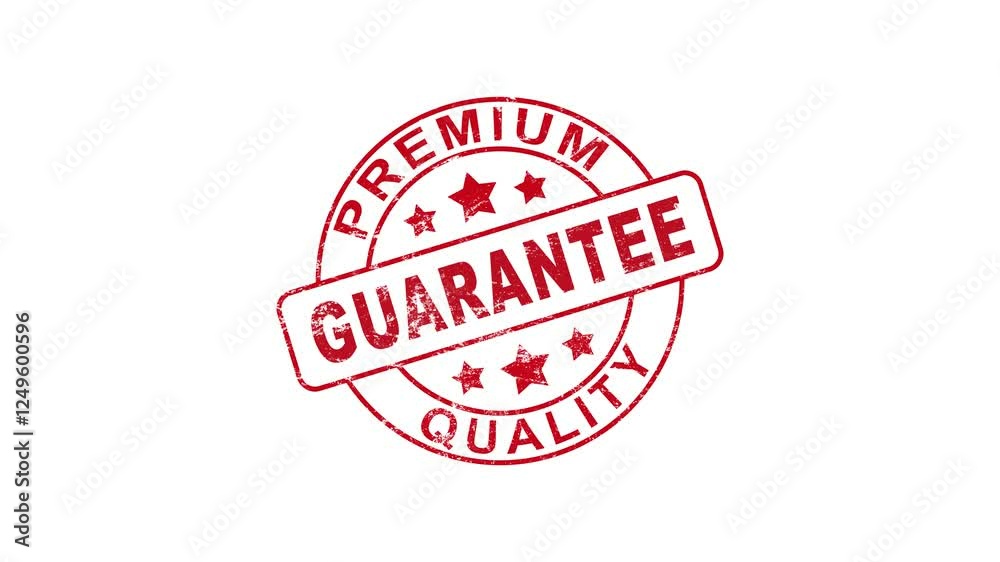 Red rubber guaranteed stamp animated on a clean white background. 4K. Red rubber guaranteed stamp animated on a clean white background. 4K.