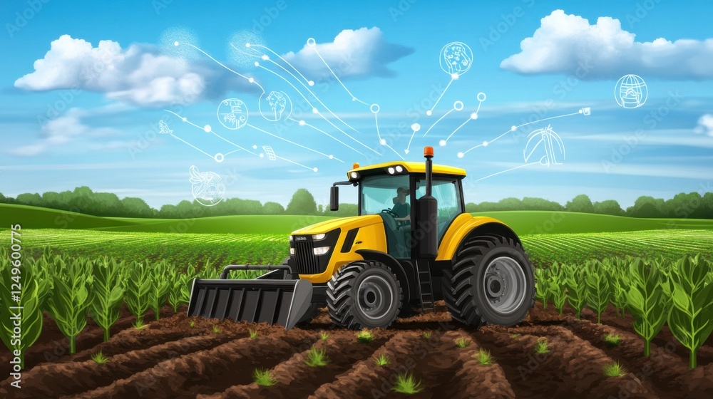 Fototapeta premium Modern tractor working in a lush green field, showcasing agricultural technology advancements