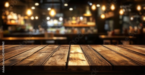 Empty wooden bar top, blurred pub background, restaurant interior photo