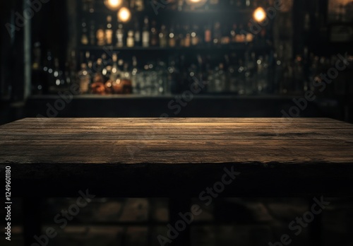 Empty wooden bar top, dimly lit, liquor bottles background photo