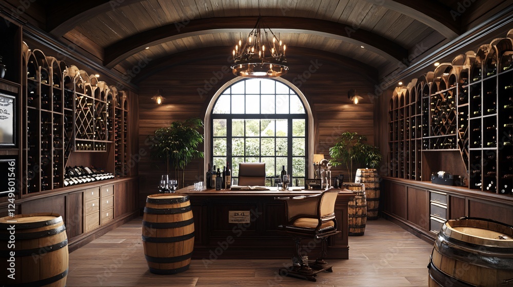 Fototapeta premium Luxurious Home Wine Cellar with Office and Arched Window