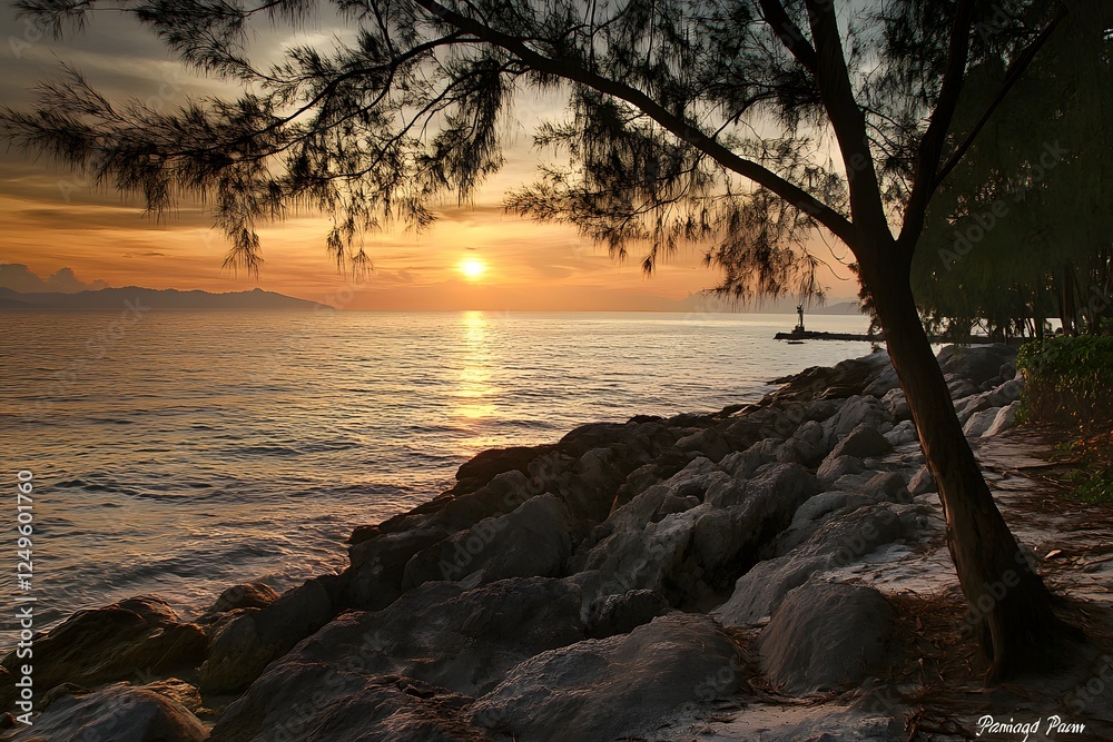 Sunset Seascape Rocky Coast, Tree Silhouette, Calm Ocean Sunset Seascape Rocky Coast, Tree Silhouette, Calm Ocean