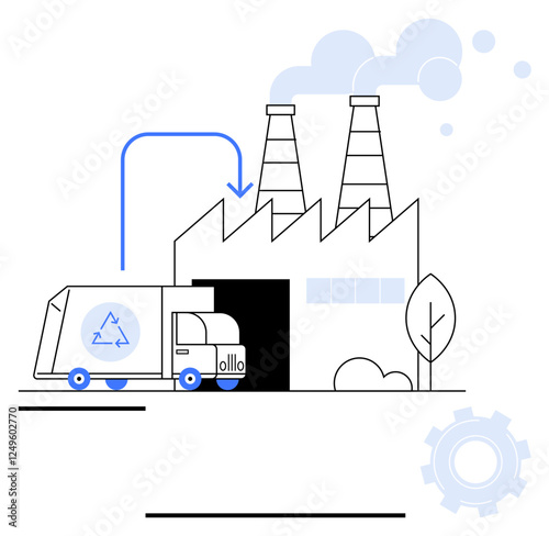 Recycling truck unloads material, arrows indicate waste flow into manufacturing plants. Ideal for sustainability, eco-industry, recycling, waste management, circular economy, green technology