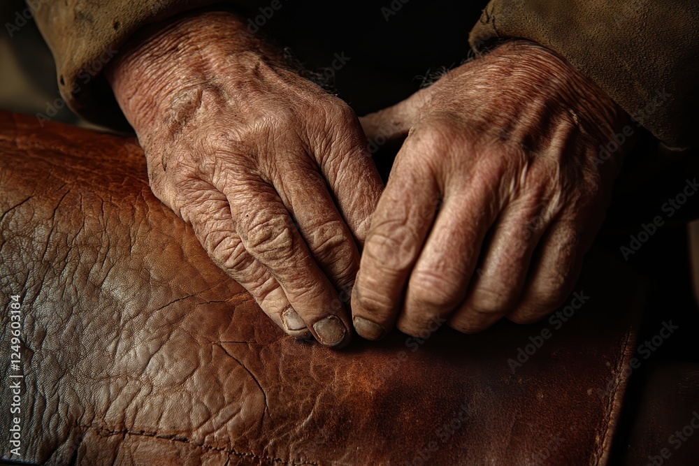Fototapeta premium Wrinkled hands rest gently on aged leather surface