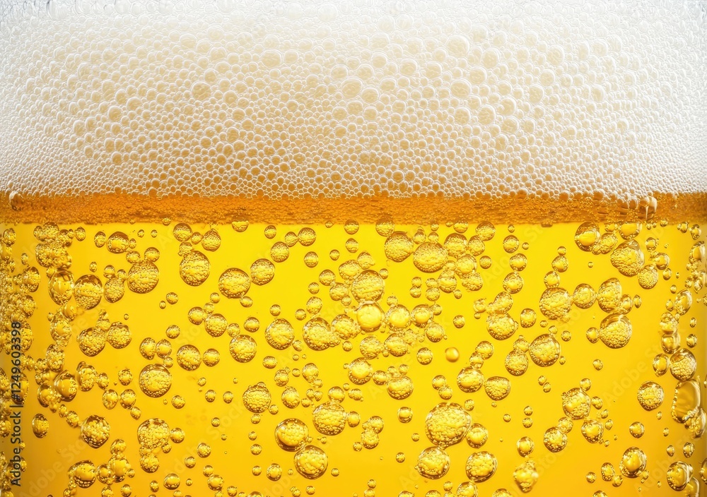 Detailed close-up of golden beer with frothy foam and vibrant bubbles, exuding freshness and effervescence. Ideal for beverage branding, brewery advertisements, and promotional designs Detailed close-up of golden beer with frothy foam and vibrant bubbles, exuding freshness and effervescence. Ideal for beverage branding, brewery advertisements, and promotional designs