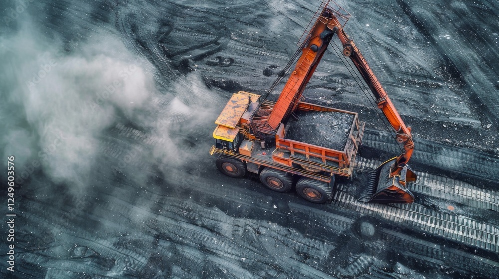 A large excavator is actively digging into a coal mine, surrounded by black soil and dust, with a clear blue sky overhead showcasing industrial activity. A large excavator is actively digging into a coal mine, surrounded by black soil and dust, with a clear blue sky overhead showcasing industrial activity.