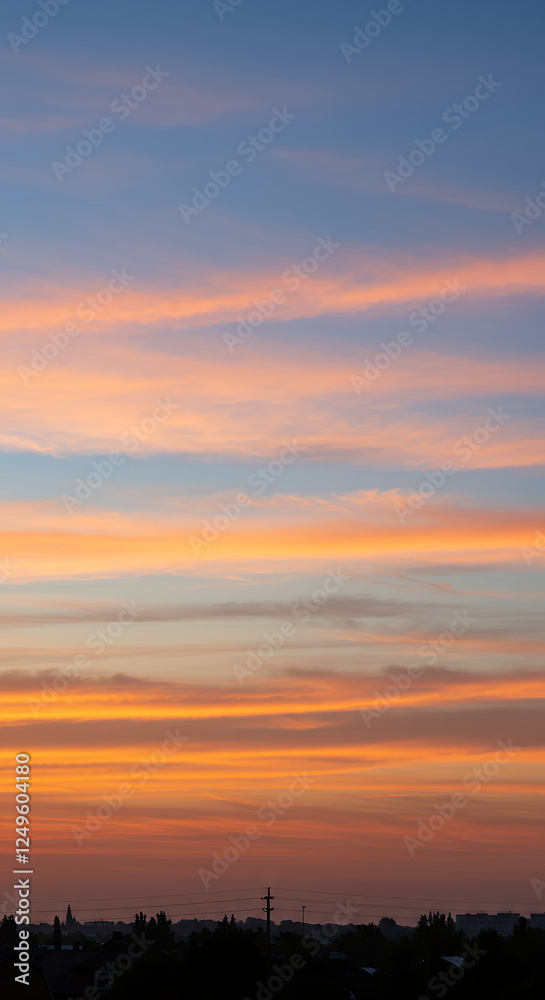 Fiery Sunset Serenity: Vibrant Skies Over Silhouetted Town - A Breathtaking Evening Landscape Fiery Sunset Serenity: Vibrant Skies Over Silhouetted Town - A Breathtaking Evening Landscape