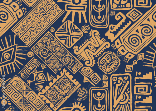 Ethnic posters seamless pattern. Mexican ornaments, patterns, decorations with shapes, elements. Gold Ancient Aztec tribal cards, interior wall arts with Navajo symbols. Drawn vector seamless pattern