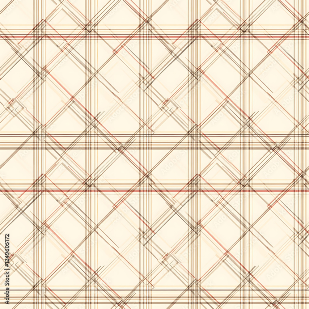 Fototapeta premium An elegant seamless pattern features a classic plaid design in soft, neutral tones of beige, cream, and light brown.