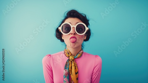 portrait of a young woman wearing a pink blouse with a colorful scarf tied around her neck. She is also wearing large round sunglasses with white frames photo