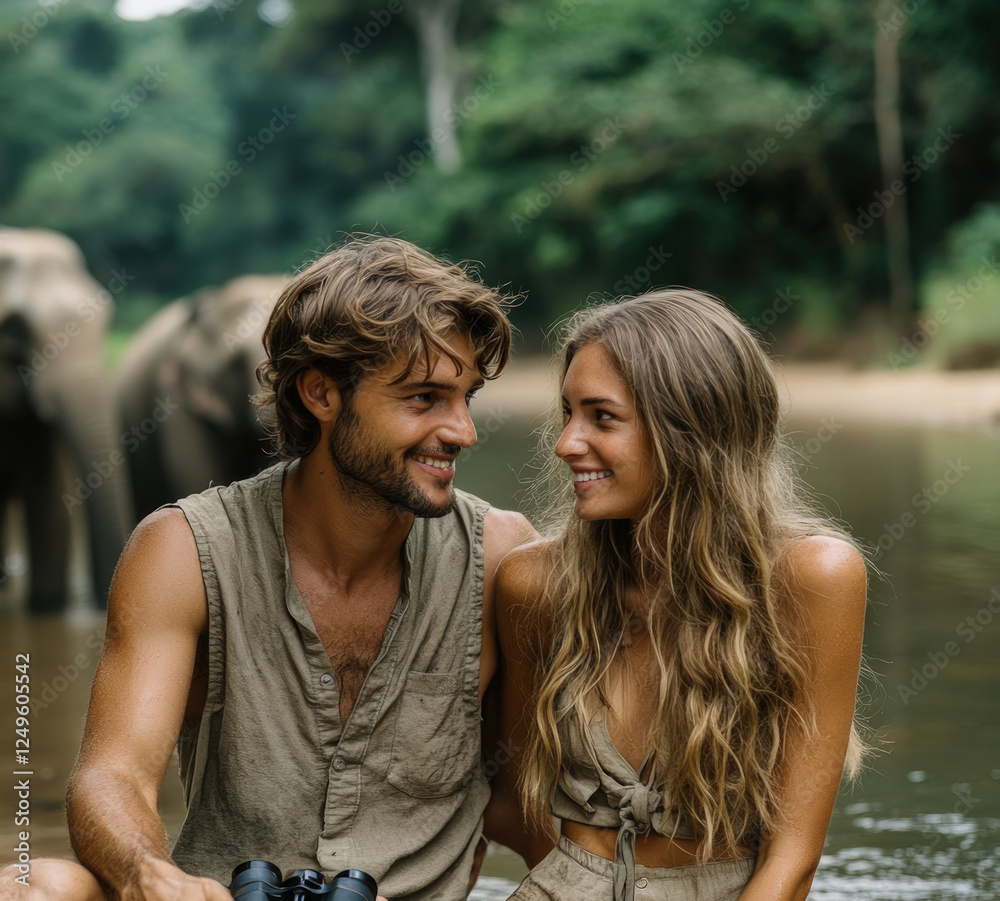 Smiling Couple on Safari with Elephants in Nature
Smiling Couple on Safari with Elephants in Nature