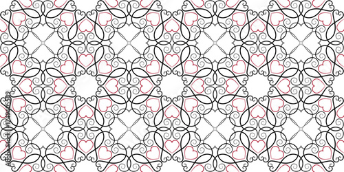 Black red ethnic seamless ornament. Fantasy ornate background in classic colors. Graceful fine lace of swirl. Geometric pattern of curved lines. Ornamental decor with hearts.