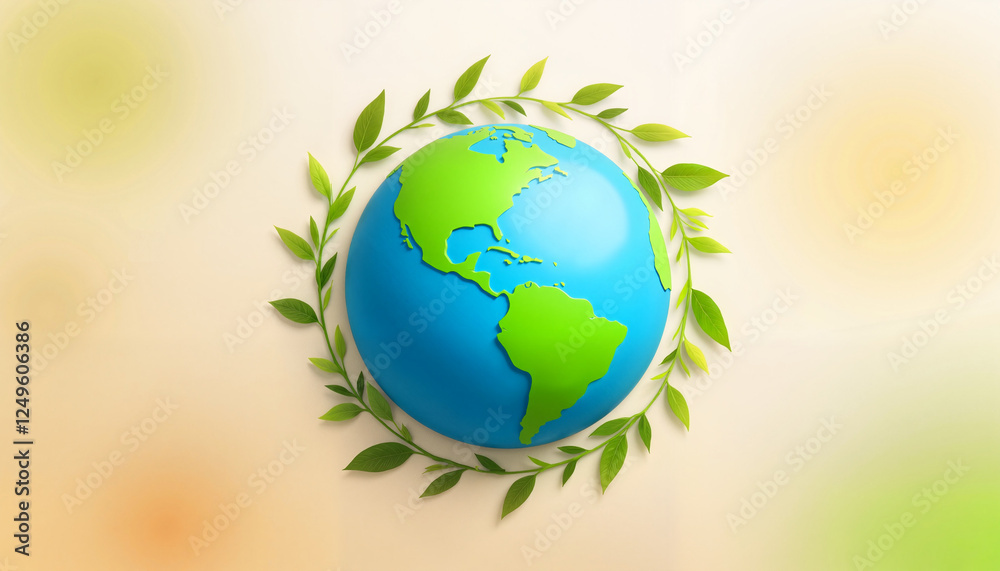 Clean, minimalist Earth design in bright blues and greens surrounded by leafy wreath, promoting Earth Day Clean, minimalist Earth design in bright blues and greens surrounded by leafy wreath, promoting Earth Day