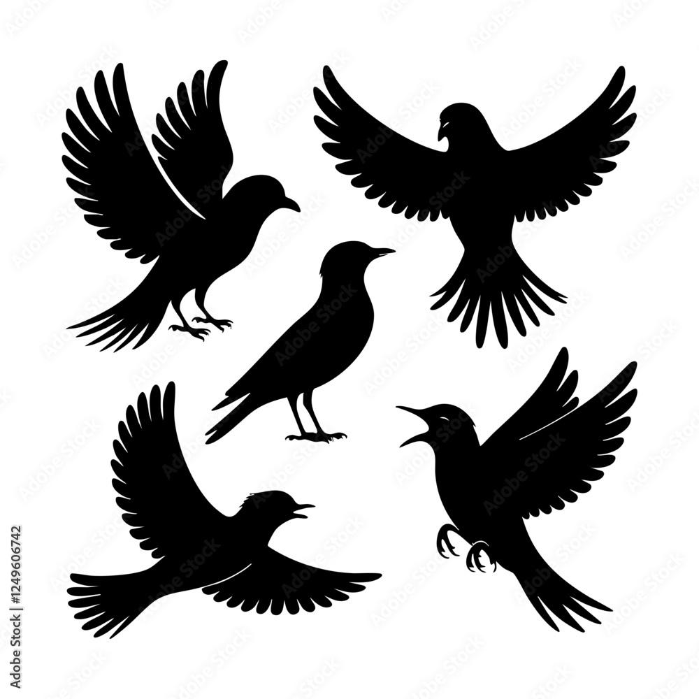 Fototapeta premium Bird Silhouette Set – Birds in Flight and Perched