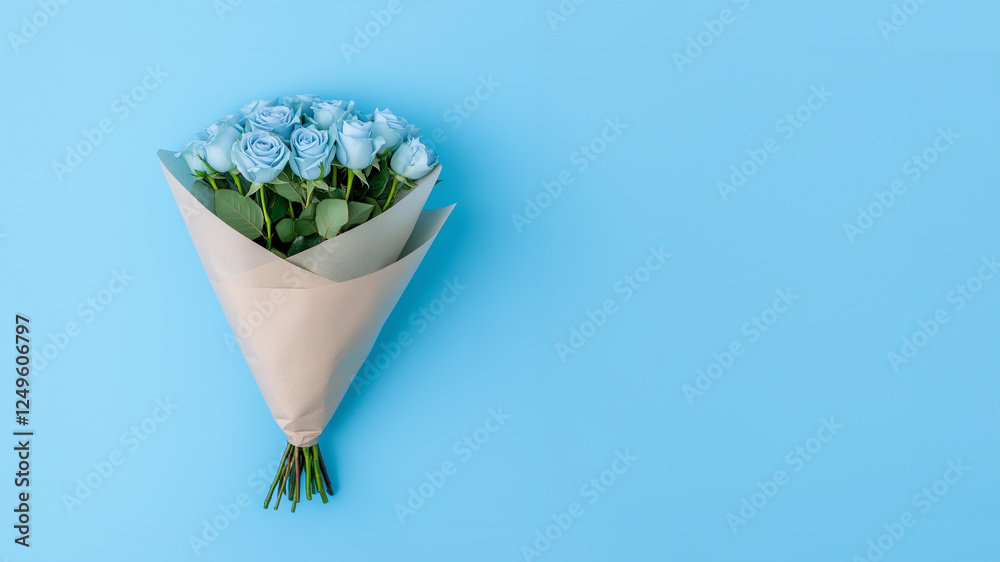 Naklejka premium Bouquet of blue roses on blue background with copy space.