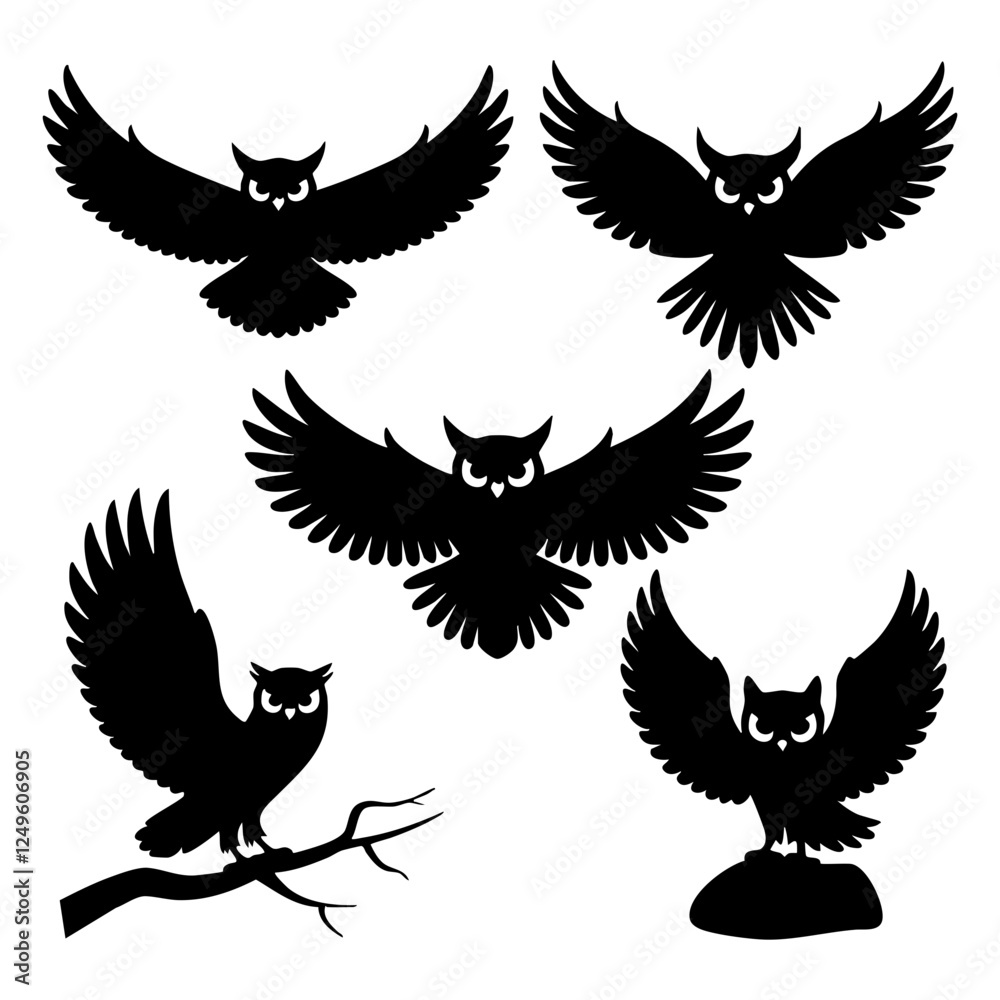 Obraz premium Flying Owl Silhouette Set – Majestic Nocturnal Birds in Flight