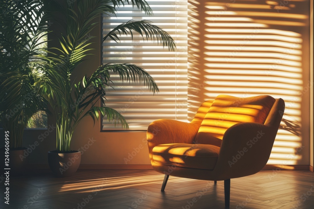 Fototapeta premium Cozy living room with a sunlit chair and plants creating a warm atmosphere