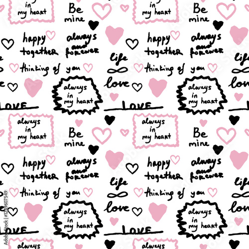 hand drawn speech bubbles. love lettering doodle seamless vector pattern, romantic print, love phrases , red hearts, happy valentines day, handwritten, calligraphy, english