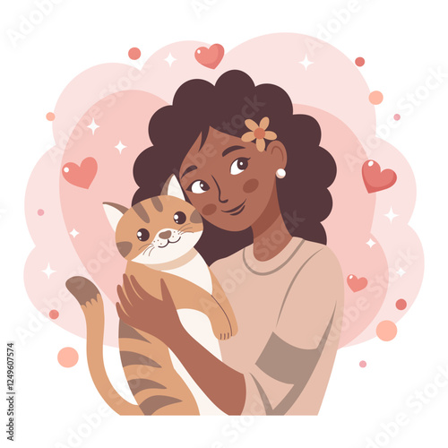 Cute young girl hugging cat. Pet owner. Cat lover. Flat style illustration.