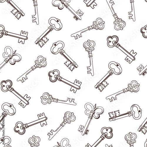 Seamless pattern with vintage keys. Retro background, black and white monochrome illustration.