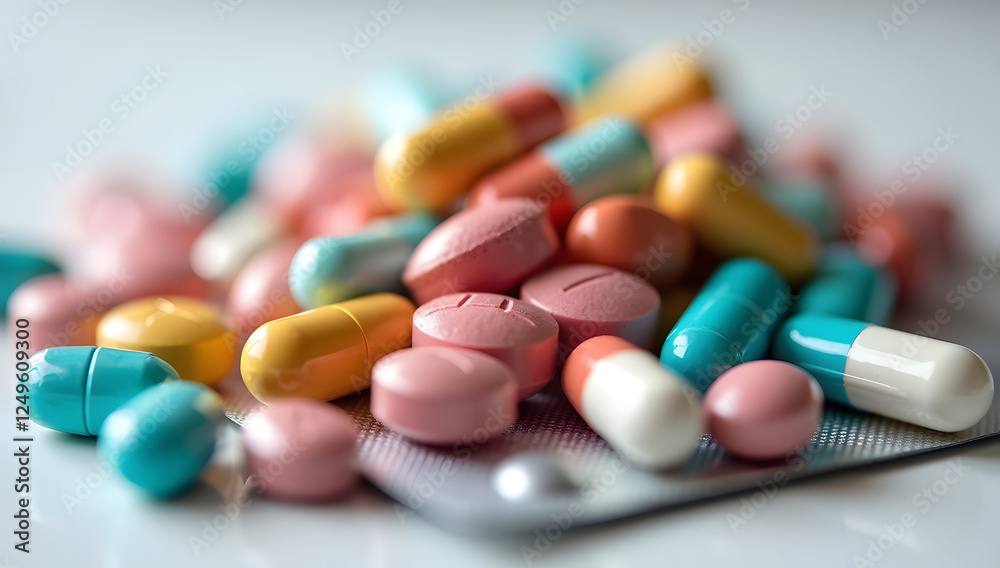 Pile of colorful medicine pills and capsules in blister packs Pile of colorful medicine pills and capsules in blister packs