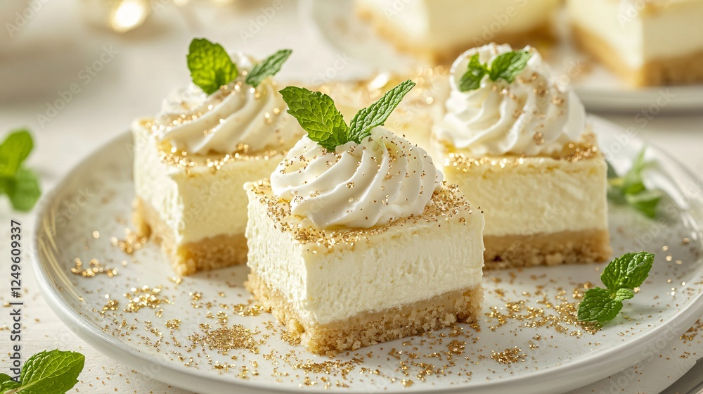 custom made wallpaper toronto digitalAn artistic plating of cheesecake bars with hand-piped whipped cream, fresh mint garnish, and a hint of edible glitter