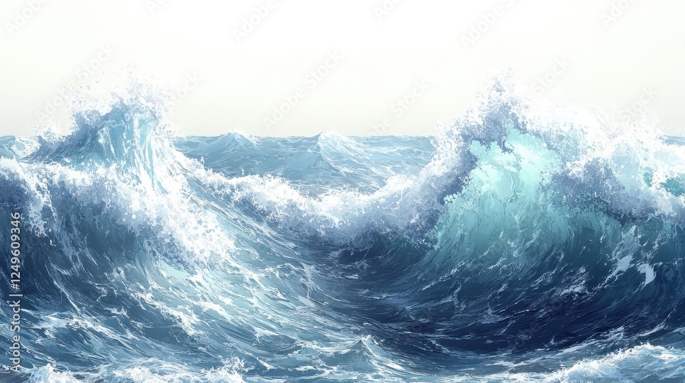 Ocean waves crashing, sea foam, white sky, background