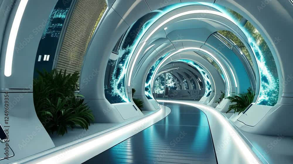 A captivating view of a sleek corridor featuring advanced design elements, glowing lights, and lush plants, creating a serene futuristic ambiance A captivating view of a sleek corridor featuring advanced design elements, glowing lights, and lush plants, creating a serene futuristic ambiance